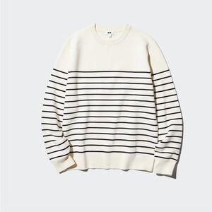 Uniqlo Cream and Black Striped Crewneck Sweater